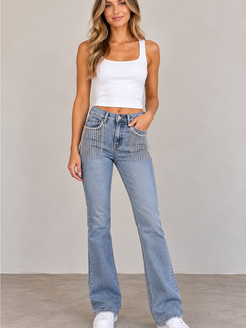 Forever 21 Light Blue Denim Jeans Womens Size 0 Fringe Chain Rhinestone Boot Cut